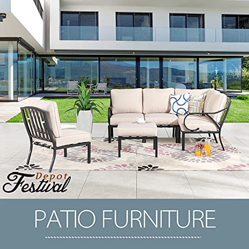 Festival Depot 6 Pieces Patio Conversation Set Sectional Corner Chair Ottoman with Thick Cushions and Side Coffee Table All Weather Metal Outdoor Furniture for Garden Deck, Beige 