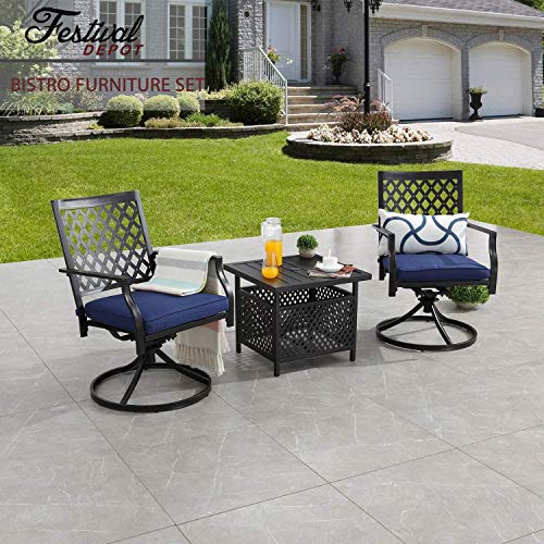 Festival Depot Outdoor Furniture 3 Piece Patio Dining Set of 2 Swivel Chairs with Cushions and 1 Metal Bistro Side Table with Umbrella Hole for Deck Porch Yard, Blue