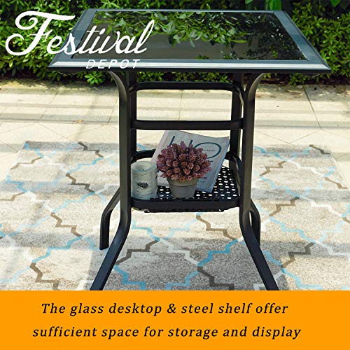 Festival Depot 3ft Bar Height Patio Bistro Table Tempered Glass Top Metal Table w/Storage Support Shelf Steel Outdoor Furniture (27.6"x 27.6"x 36.2"H) 