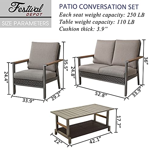Festival Depot 3pcs Patio Conversation Set All Weather Wicker Chair Rattan Loveseat with Grey Thick Cushions and Coffee Table in Metal Frame Outdoor Furniture for Deck Yard