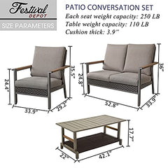 Festival Depot 3pcs Patio Conversation Set All Weather Wicker Chair Rattan Loveseat with Grey Thick Cushions and Coffee Table in Metal Frame Outdoor Furniture for Deck Yard