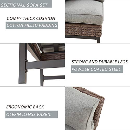 Festival Depot 4-Piece Patio Conversation Set Sectional Corner Sofa Combination Outdoor All-Weather Wicker Metal Armless Chairs for Porch Lawn Garden Balcony Pool Backyard, Brown 