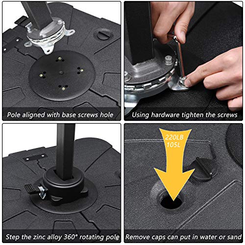 Festival Depot Outdoor Patio Umbrella Base Cantilever Offset Fillable Plastic Square Weights Plate Holder 220 lb Sand Water Filled Stand for Deck Beach All-Weather, Black 33"(L) x 33"(W) x 7.28"(H) 