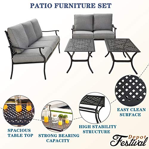 Festival Depot 4Pcs Outdoor Furniture Patio Conversation Set All Weather Black Metal Armchair Loveseat with Seat and Back Cushions, 3-Seating Chair, Rectangle Coffee Tables for Deck Lawn Garden
