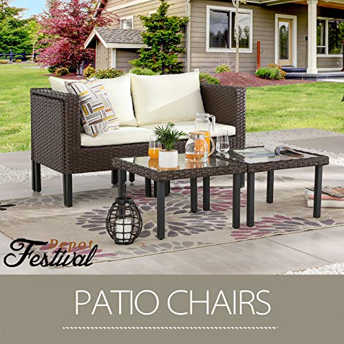 Festival Depot 6Pcs Wicker Patio Conversation Set Sectional Armless Sofa Chairs w/Cushions Rattan Coffee Table w/Glass Top All Weather Metal Outdoor Furniture for Deck Garden