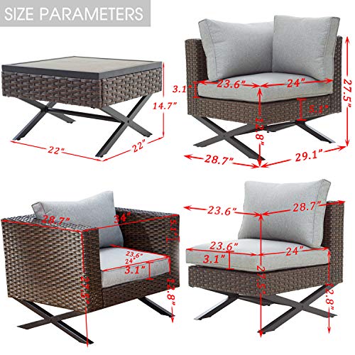 Festival Depot 6pc Patio Conversation Set Sectional Corner Sofa Arm Chairs Set Outdoor All-Weather Wicker Metal Chairs with Thick Soft Seating Back Cushions Square Coffee Table Ottoman Garden Poolside 