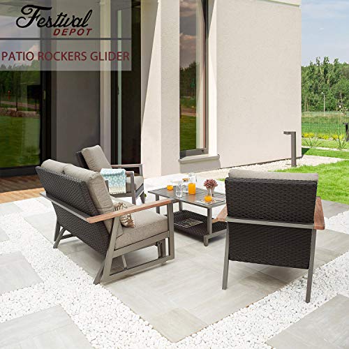 Festival Depot Patio Glider Metal Loveseat Chair Swing Bench with Cushions and Wicker Back Outdoor Furniture for Garden Backyard, Dark Grey