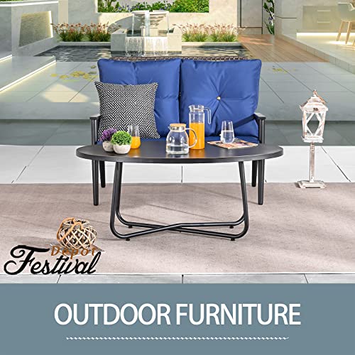 Festival Depot 2 Pcs Patio Bistro Set PE Wicker Conversation Set, Outdoor Furniture Loveseat Armchair with Cushions Metal Coffee Table for Backyard Porch Balcony Outside Poolside Lawn (Blue)