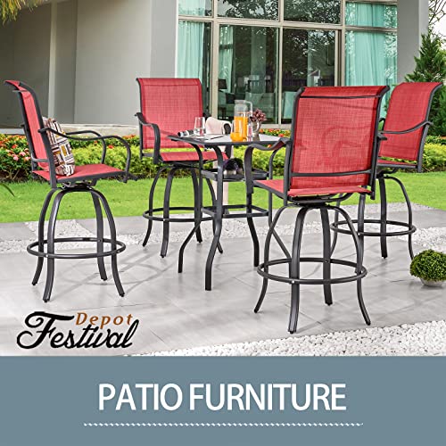 Festival Depot 3 Pcs Patio Bistro Bar Set High Stools Outdoor Furniture with 360° Swivel Armrest Chairs, Coffee Table with Tempered Glass Desktop, Metal Frame for Deck Poolside Garden Porch