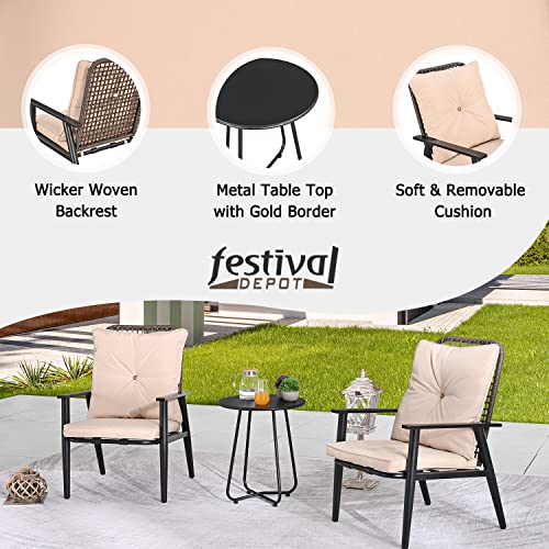 Festival Depot 3 Pcs Patio Bistro Set PE Wicker Conversation Set, Outdoor Furniture Armchairs with Cushions Metal Side Coffee Table for Backyard Porch Balcony Outside Poolside Lawn (Khaki) 