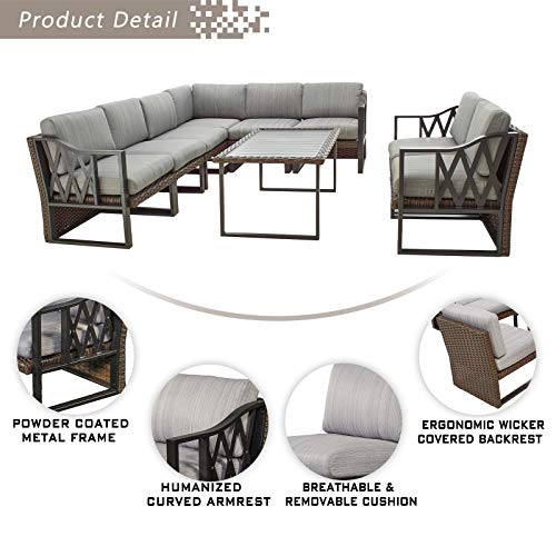Festival Depot 9pcs Outdoor Furniture Patio Conversation Set Sectional Corner Sofa Chairs All Weather Brown Rattan Wicker Slatted Coffee Table with Grey Thick Seat Back Cushions, Black 