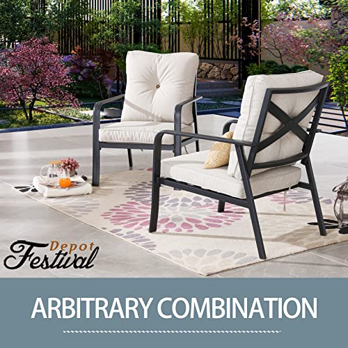 Festival Depot Patio Bistro Dining Chairs Outdoor Furniture with Curved Armrest, Metal Steel Frame and Detachable Seat & Back Cushion for Porch Balcony Deck Poolside, Beige