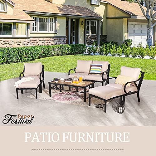 Festival Depot 7pcs Patio Conversation Set Sectional Metal Chairs with Cushions Ottoman and Coffee Table All Weather Outdoor Furniture for Garden Backyard Balcony, Beige
