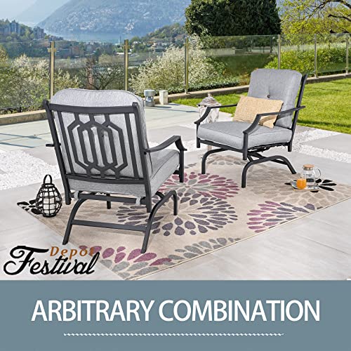 Festival Depot 2 of Outdoor Patio Bistro Armrest Chairs with Cushions Set Premium Fabric Metal Frame Furniture Set Garden Dining Seating Chair Thick & Soft Cushions