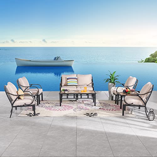 Festival Depot 9 Pieces Patio Conversation Set Sectional Sofa Left & Right Armchair with Thick Cushions and Side Coffee Table All Weather Metal Outdoor Furniture for Deck Garden, Beige