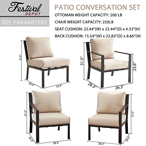 Festival Depot 11-Pieces Patio Outdoor Furniture Conversation Sets Loveseat Sectional Sofa, All-Weather Black X Slatted Back Armchair with Coffee Table and Removable Couch Cushions (Beige) 