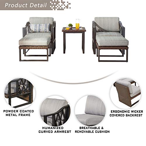 Festival Depot 5 Pcs Bistro Outdoor Patio Furniture Conversation Set Wicker Rattan Armchairs Rectangle Ottoman with Premium Fabric Cushion Square Side Coffee Table with Metal Slatted Steel Legs Frame
