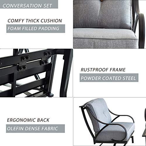 Festival Depot 4 Pieces Patio Outdoor Conversation set with Coffee Table Set Premium Fabric Metal Frame Furniture Set Garden Bistro Seating Chair Thick&Soft Cushion (4pc Patio Conversation Sets, Grey)