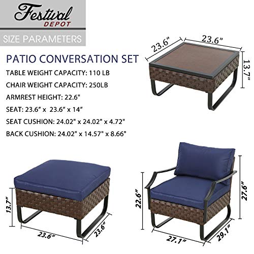 Festival Depot 5pcs Bistro Outdoor Dining Furniture Patio Set Soft Cushion Wicker Rattan Chair with Curved Armrest Ottoman Footstool Square Wood Grain Desktop Table with U Shaped Steel Leg All-Weather