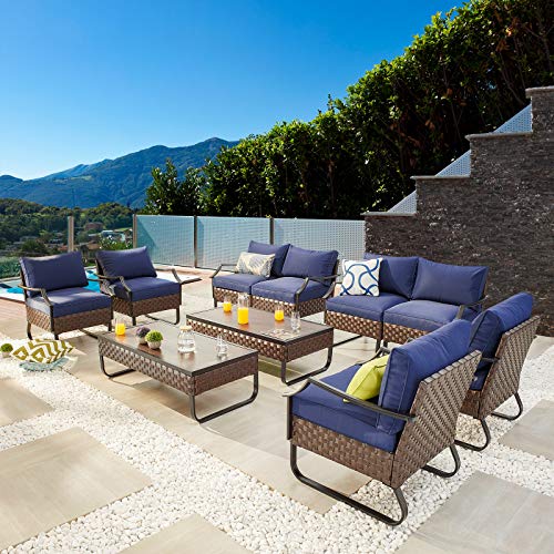 Festival Depot 10 Pcs Outdoor Furniture Patio Conversation Sets Sectional Sofa Loveseat with All-Weather PE Rattan Wicker Armchair,Coffee Table and Soft Removable Couch Cushions (Blue)