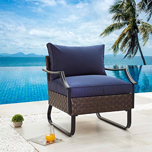 Festival Depot Patio Dining Chair with Thick Cushions Wicker Armchair with U Shaped Steel Legs Outdoor Furniture for Bistro Garden Yard All-Weather