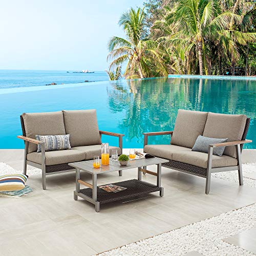 Festival Depot 3 Pcs Patio Conversation Set 2 Wicker Chairs All Weather Rattan Loveseats with Thick Cushions and Coffee Table in Metal Frame Outdoor Furniture for Deck Garden, Gray