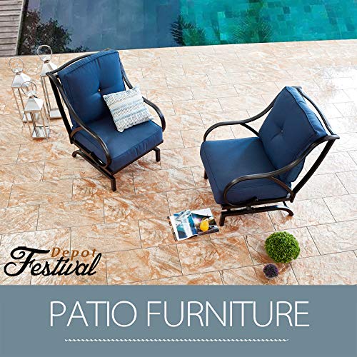 Festival Depot 2 of Outdoor Patio Dining Chairs with Blue Cushions Set Premium Fabric Metal Frame Furniture Set Garden Bistro Seating Chair Thick&Soft Cushions (2pc Dining Chairs) 
