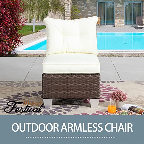 Festival Depot Patio Rattan Wicker Single Sofa Outdoor Sectional Chair with Removable Cushion Metal Frame All Weather Waterproof Furniture Seating for Garden Yard Lawn Pool (Beige)