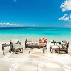 Festival Depot 10Pc Outdoor Furniture Patio Conversation Set Sectional Sofa Chairs All Weather Wicker Ottoman Metal Frame Square Slatted Coffee Table with Thick Grey Seat Back Cushions Without Pillows