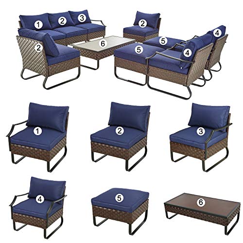 Festival Depot 10 Pcs Patio Conversation Sets Outdoor Furniture Sectional Sofa with All-Weather PE Rattan Wicker Chair,Loveseat Coffee Table and Thick Soft Removable Couch Cushions(Blue) 
