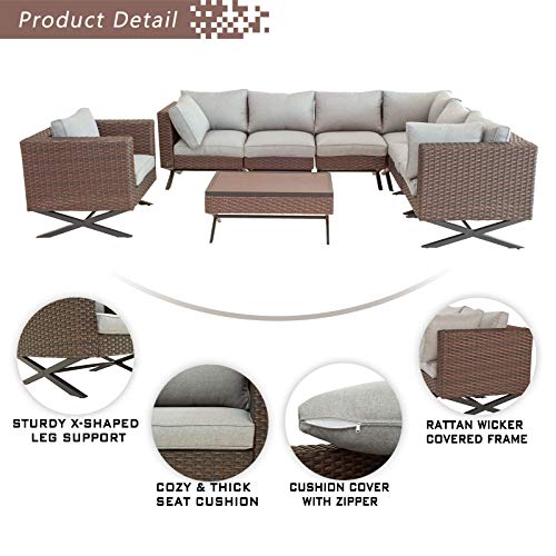 Festival Depot 8pcs Outdoor Furniture Patio Conversation Set Sectional Corner Sofa Chairs with X Shaped Metal Leg All Weather Brown Rattan Wicker Rectangle Coffee Table with Grey Seat Back Cushions 