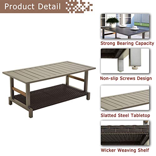 Festival Depot 3pcs Patio Conversation Set All Weather Wicker Chair Rattan Loveseat with Grey Thick Cushions and Coffee Table in Metal Frame Outdoor Furniture for Deck Yard 