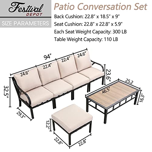 Festival Depot 6 Pieces Patio Conversation Set Sectional Chairs Ottoman with Cushions and Coffee Table All Weather Metal Outdoor Furniture for Deck Poolside, Beige