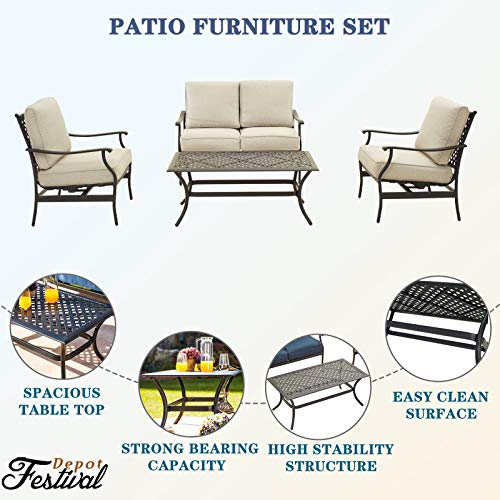 Festival Depot 4pc 4 Seats Patio Conversation Outdoor ArmChairs Loveseat Set with Coffee Table Fabric Metal Frame Furniture Garden Bistro Seating Thick Soft Cushions
