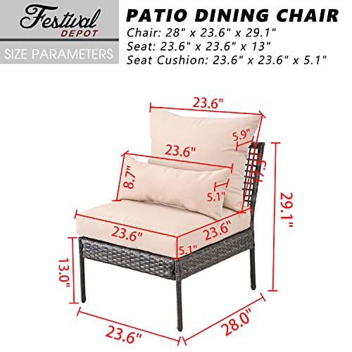 Festival Depot Patio Wicker Dining Chair, All-Weather Rattan Sectional Sofa Outdoor Furniture with Metal Frame Removable Seat & Back Cushion Pillow for Garden Pool Backyard Lawn (Beige)