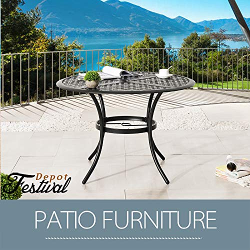 Festival Depot Patio Outdoor Dinning Table with 2.04" Umbrella Hole Metal Table with Collapsible Tabletop for Garden Poolside Deck (Round)