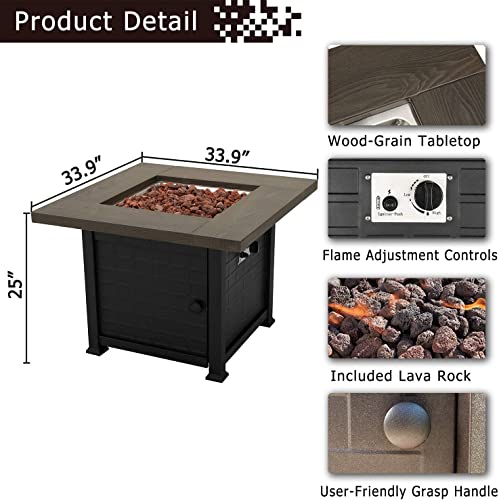 Festival Depot 7 Pieces Outdoor Fire Pit Table Set, Patio Conversation Set, Square Propane Gas Table, 4 PE Wicker Armchairs w/Cushions and 2 Side Table Metal Furniture (Beige)