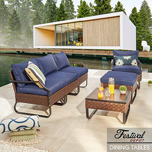 Festival Depot Dining Outdoor Patio Bistro Furniture Right Armrest Section Chair with Curved Armrest Wicker Rattan Cushion with Side U Shaped Slatted Steel Leg for Garden Yard Poolside All-Weather 