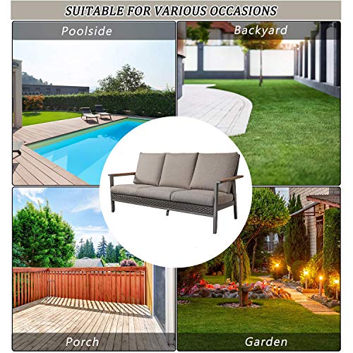 Festival Depot 3 Seats Patio Chair Rattan Wicker Bench in Metal Frame Sofa with Removable Cushions Outdoor Furniture for Lawn Garden Backyard, Dark Grey