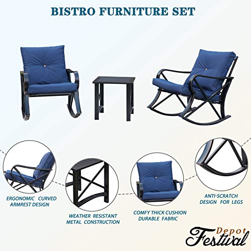Luxury 3 Piece Outdoor Steel Rocking Chair Set Bistro Set with Coffee Table and Cushions 