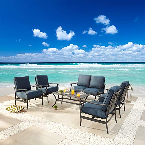 Festival Depot 4Pcs Outdoor Furniture Patio Conversation Set All Weather Black Metal Armchair Loveseat with Seat and Back Cushions, 3-Seating Chair, Rectangle Coffee Tables for Deck Lawn Garden