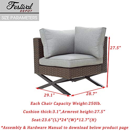 Festival Depot Wicker Patio Chair with Left Armrest Rattan Dining Chair with Thick Cushions and X Shaped Metal Legs Outdoor Furniture for Garden Yard Poolside All-Weather 