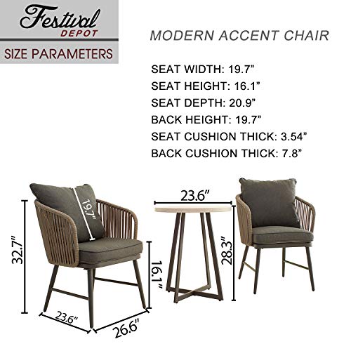 Festival Depot 3 Pcs Patio Bistro Set Outdoor Furniture with 2 Rattan Wicker Chair, Seat and Back Cushion and 1 Wood Grain Desktop Coffee Table
