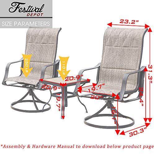 Festival Depot 3 PC Bistro Outdoor Patio Dining 360¡Swivel Chairs Set Furniture Rockers Armrest Chair Square Metal Steel Frame Coffee Table for Deck Garden Pool