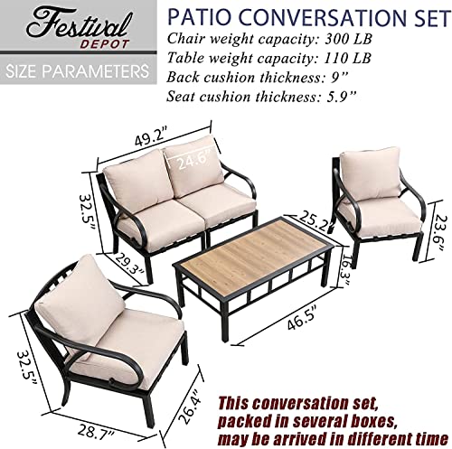 Festival Depot 5pcs Patio Conversation Set Sectional Metal Chairs with Cushions and Coffee Table All Weather Outdoor Furniture for Garden Backyard Balcony, Beige