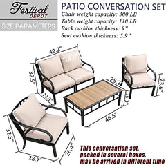 Festival Depot 5pcs Patio Conversation Set Sectional Metal Chairs with Cushions and Coffee Table All Weather Outdoor Furniture for Garden Backyard Balcony, Beige