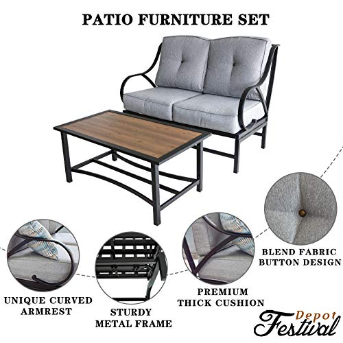 Festival Depot 2 Pieces Patio Loveseat Metal Frame with Coffee Table Set Conversation Premium Fabric Metal Frame Furniture Set Garden Bistro Seating Chair Thick&Soft Cushion (Loveseat, Grey)