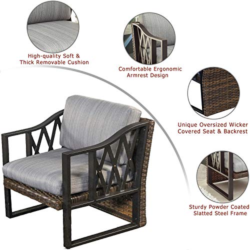 Festival Depot Dining Outdoor Patio Bistro Furniture Armchairs Wicker Rattan Premium Fabric Soft 5.5" Cushions with Metal Steel Frame Leg for Garden Poolside All-Weather 28.5"(D) x 28.1"(W) x 28.4"(H) 