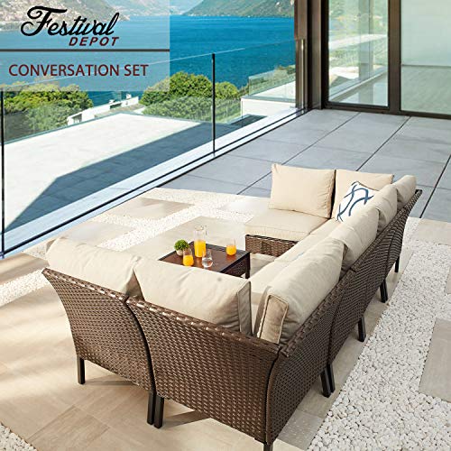 Festival Depot 7 Pcs Patio Outdoor Furniture Conversation Set Sectional Corner Sofa with All-Weather Brown Wicker Back Chair, Coffee Side Table, Ottoman and Soft Thick Removable Couch Cushions 