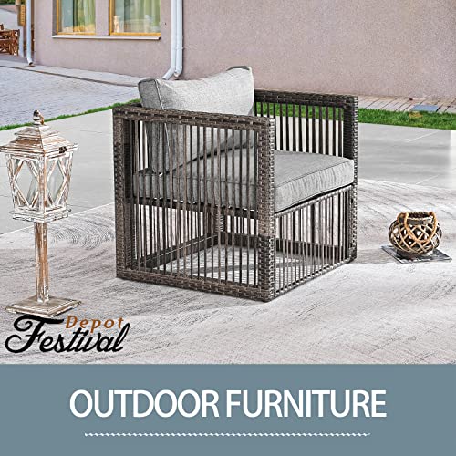 Festival Depot Wicker Patio Single Sofa, Outdoor Armchair, All-Weather Brown PE Rattan Couch Chair Waterproof Sectional Furniture for Balcony Garden Pool Lawn Backyard (Grey Thick Cushion) 